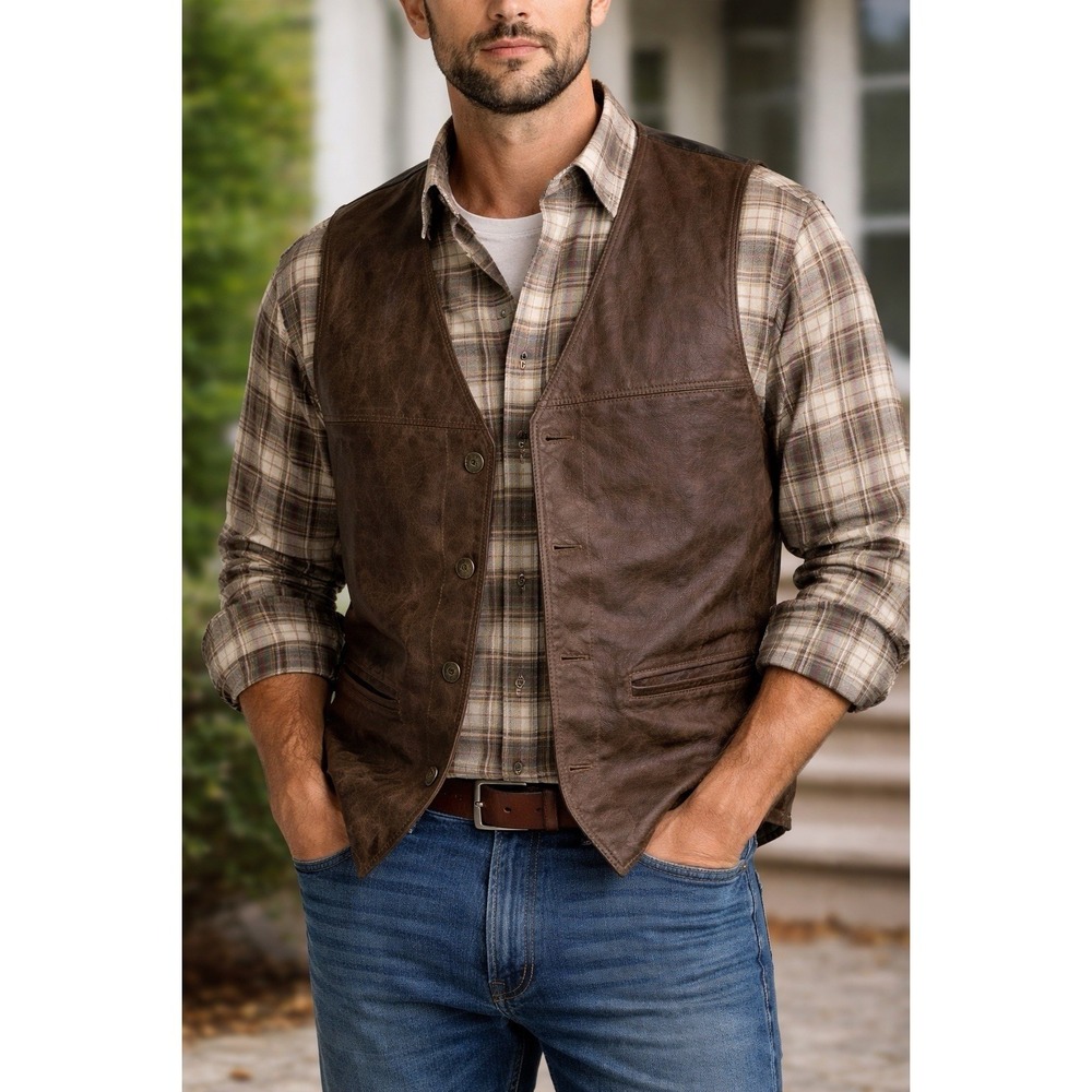 John Ashford Leather Vest Men's 2X Brown‎ Western Biker Snap Front Lined